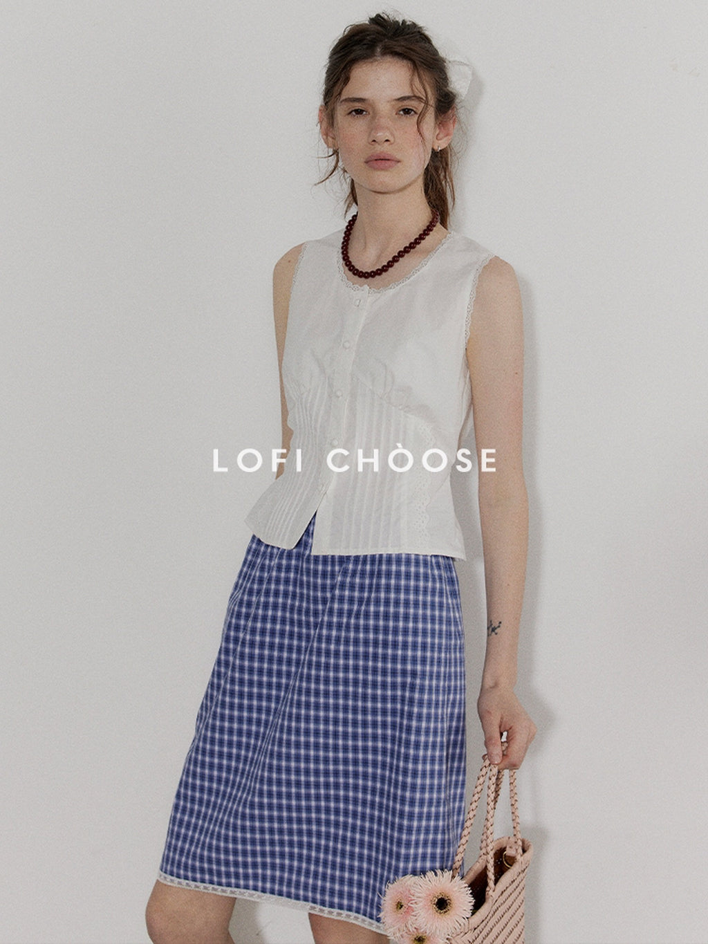 Lofi choose Slimming Lace Sleeveless French Loose Round Neck Button Women White Blouses