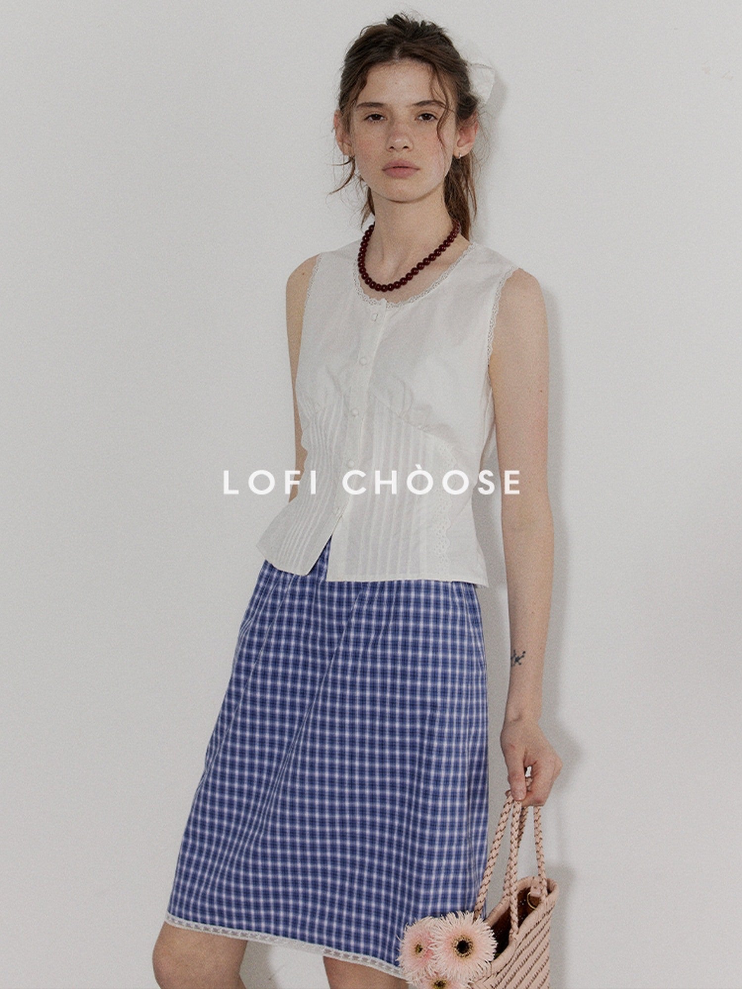 Lofi choose Slimming Lace Sleeveless French Loose Round Neck Button Women White Blouses
