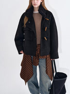 fano Soft Wool Blend Korean Oversized Lapel Collar Women Office Black Solid Short Coat