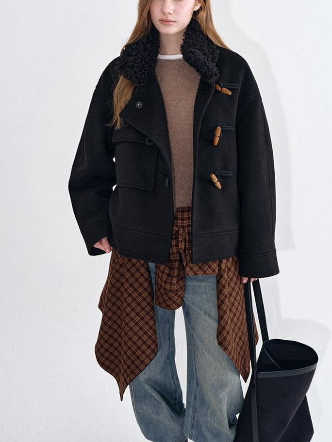 fano Soft Wool Blend Korean Oversized Lapel Collar Women Office Black Solid Short Coat