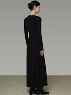 unspoken Lyocell Knit Lace Trim Fitted Waist Minimal Commuter V-neck Maxi Dresses