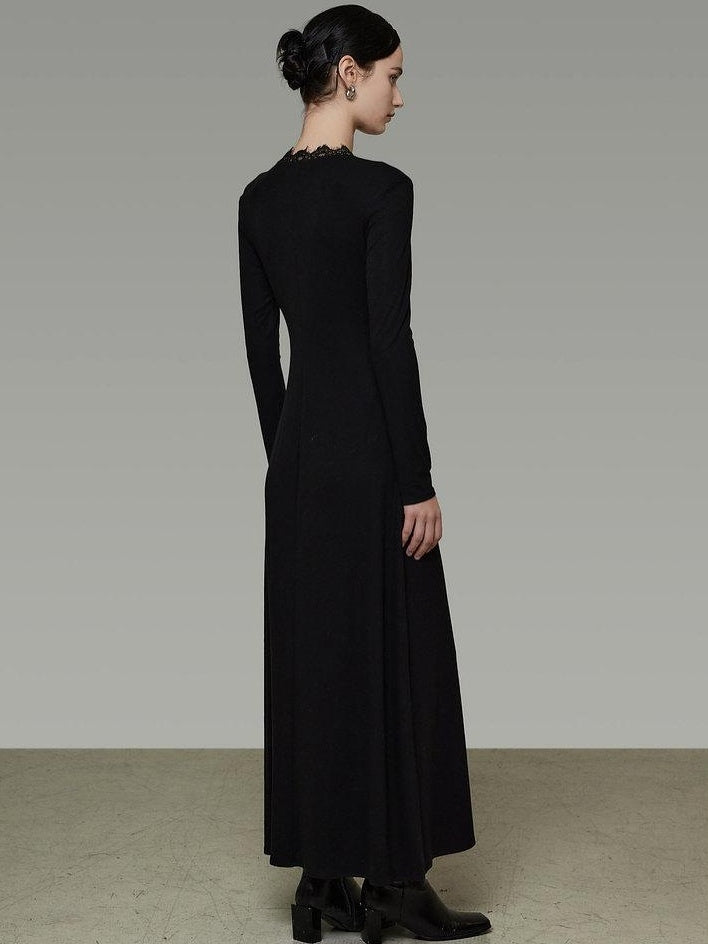 unspoken Lyocell Knit Lace Trim Fitted Waist Minimal Commuter V-neck Maxi Dresses