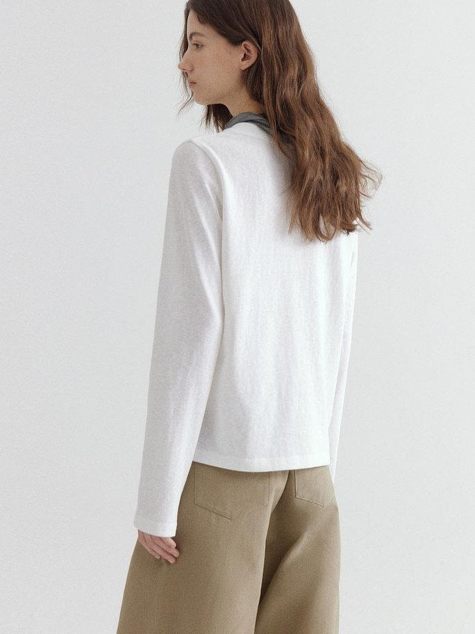 fano Soft Cotton Blend Round Neck Minimal Commuter Women White Long Sleeve T-Shirts