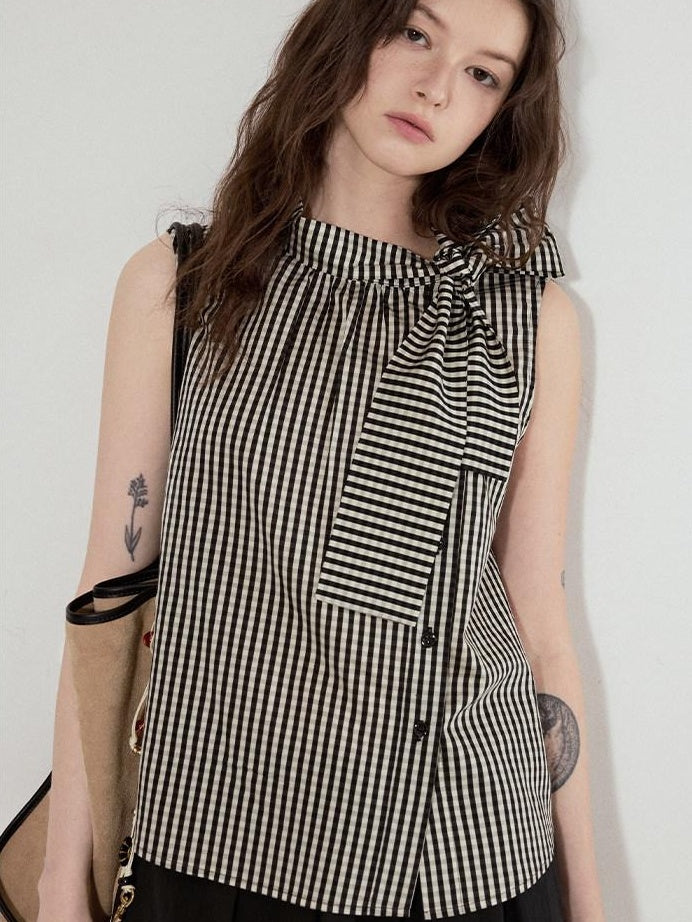 fano Viscose Lyocell Plaid Sleeveless Loose Pullover Korean Workwear Women Blouses