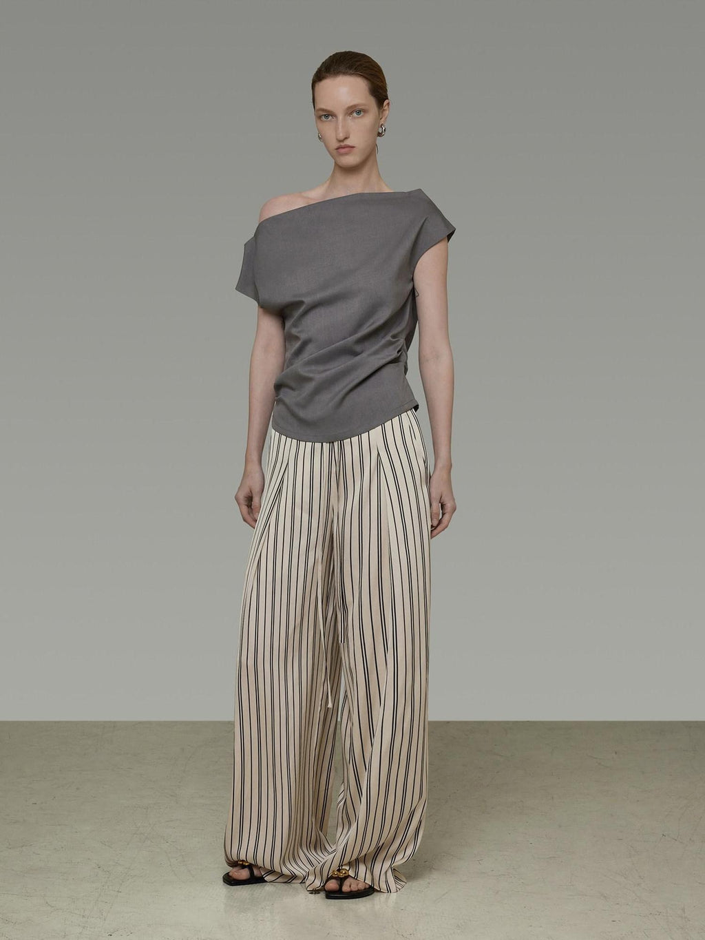 unspoken Minimalist High Waist Elastic Office Loose Striped Polyester Wide Leg Pants