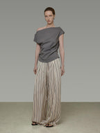 unspoken Minimalist High Waist Elastic Office Loose Striped Polyester Wide Leg Pants
