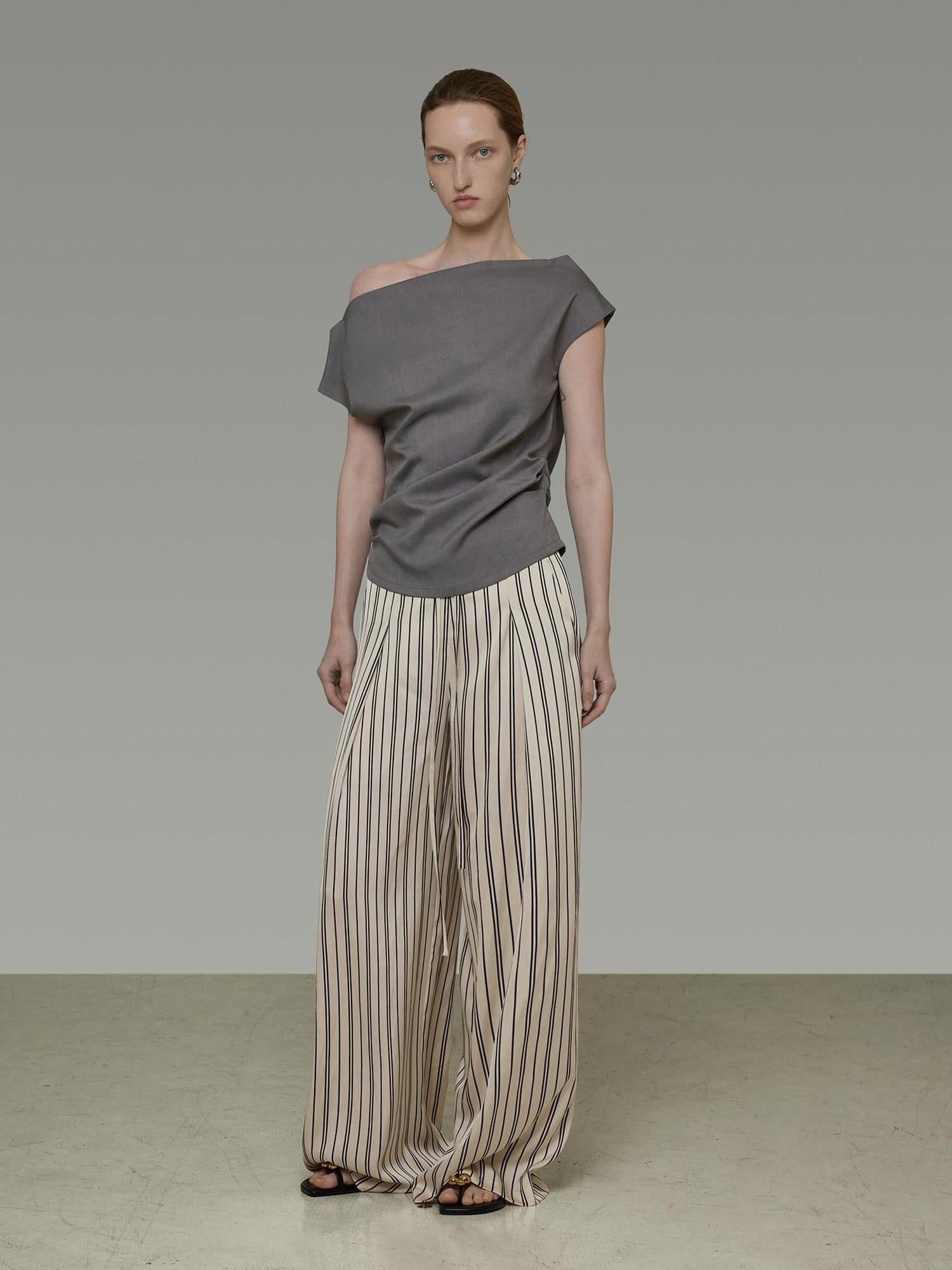 unspoken Minimalist High Waist Elastic Office Loose Striped Polyester Wide Leg Pants