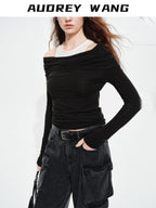 audreyyang Wool Blend Slim Fit Mock Neck Women Casual Stretch Long Sleeve T-Shirts
