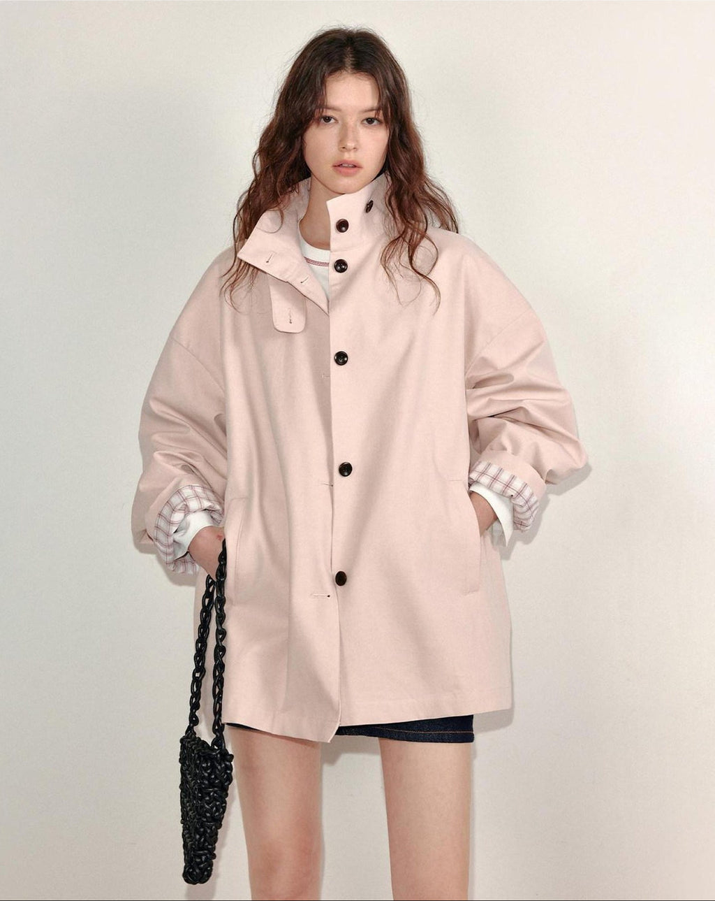 fano Pure Cotton Relaxed Commuter Stand Collar Midlength Peach Pink Trench Coats