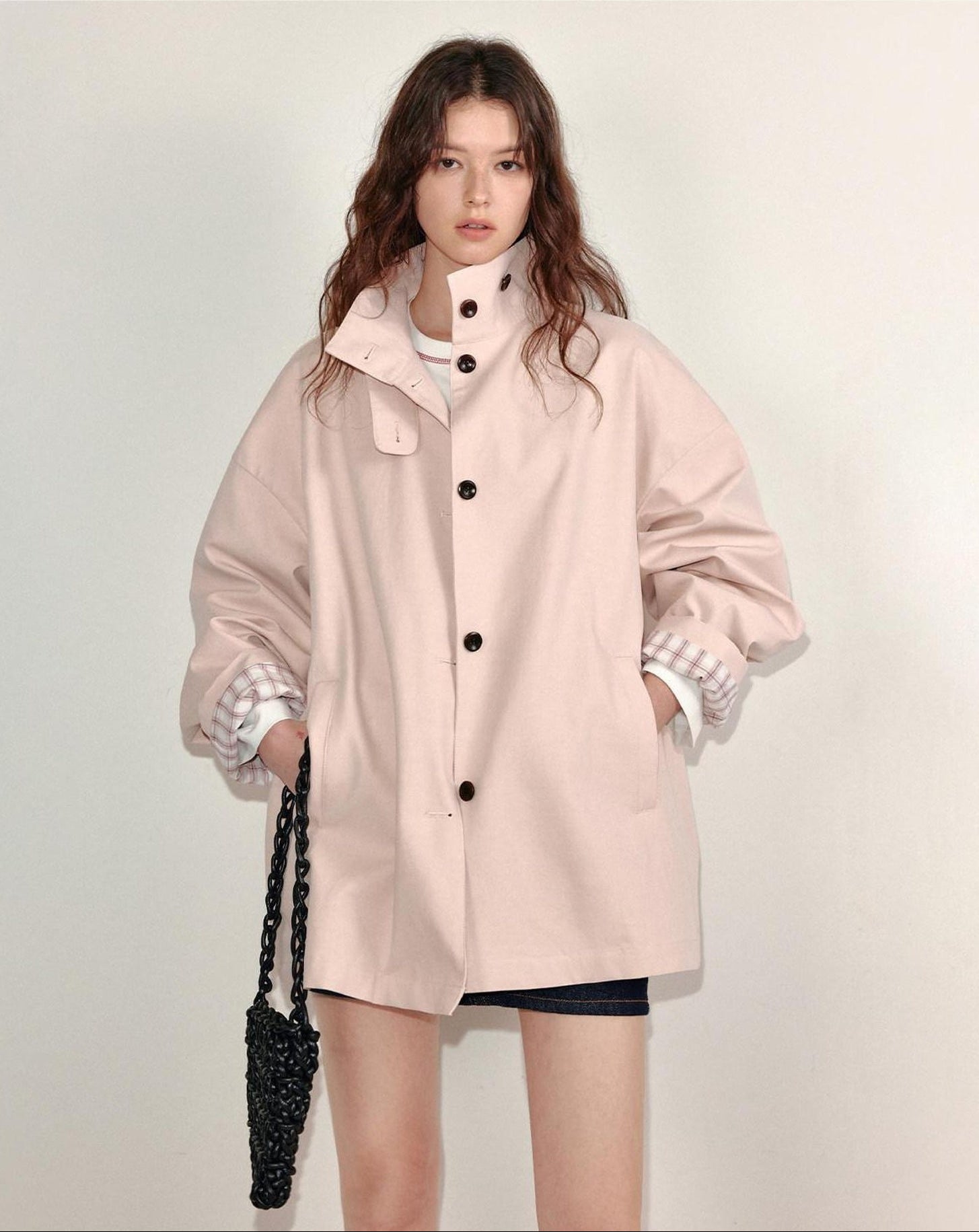 fano Pure Cotton Relaxed Commuter Stand Collar Midlength Peach Pink Trench Coats