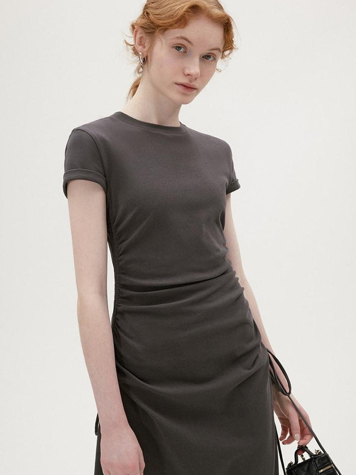 fano Soft Cotton Knit High Waist A Line Button Mock Neck Midi Dresses