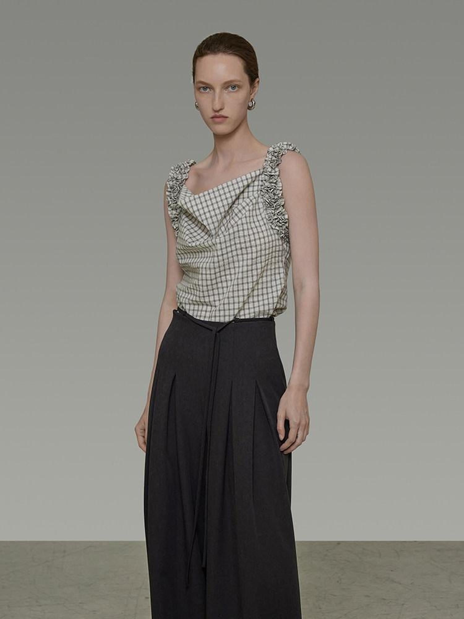 unspoken Plaid Pleated Loose Fit Office Wear Womens Polyester Blend Camisoles