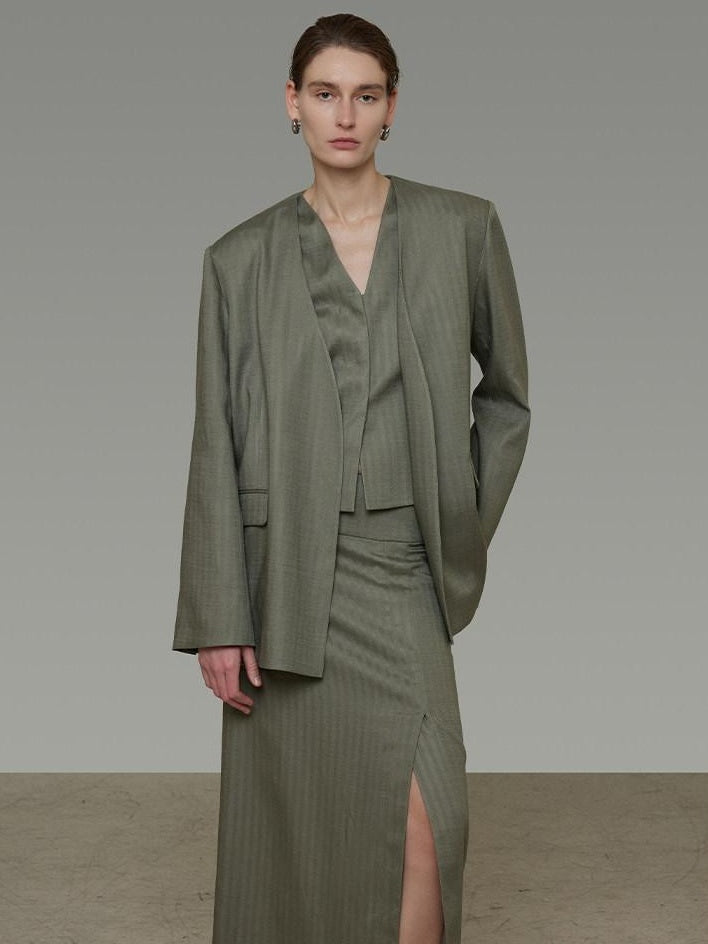unspoken Lightweight Stretch Office Vneck Blazer Striped High Waist Top & Skirt Sets