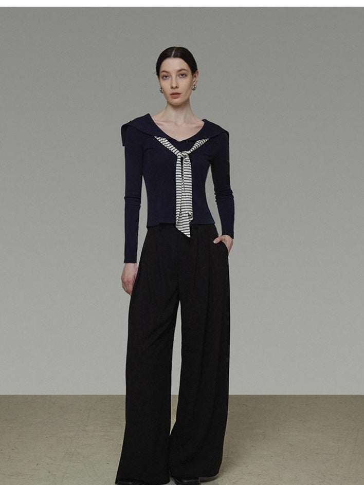 unspoken Breathable Knit Slim Fit Vintage Sailor Collar Colorblock Long Sleeve Blouses