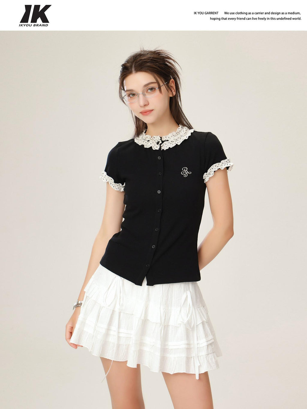 ikyou Cotton Stretch Slim Polka Dot Ruffle Women Short Sleeve Buttoned Knit Cardigans