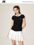 ikyou Cotton Stretch Slim Polka Dot Ruffle Women Short Sleeve Buttoned Knit Cardigans