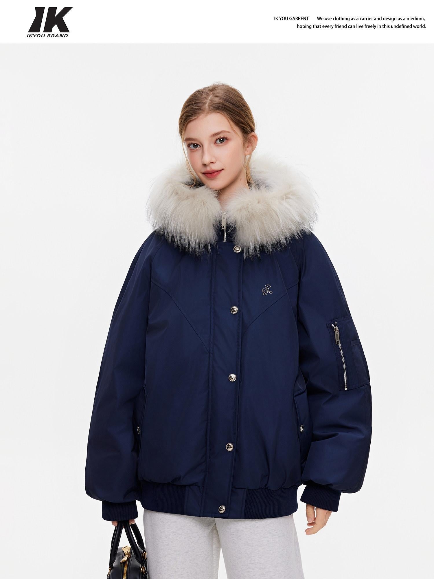 ikyou 90 Percent White Duck Down Oversized Korean Hooded Fur Collar Navy Down Jackets