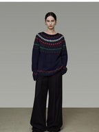 unspoken Warm Jacquard Colorblock Loose Commuter Crewneck Women Acrylic Blend Sweaters