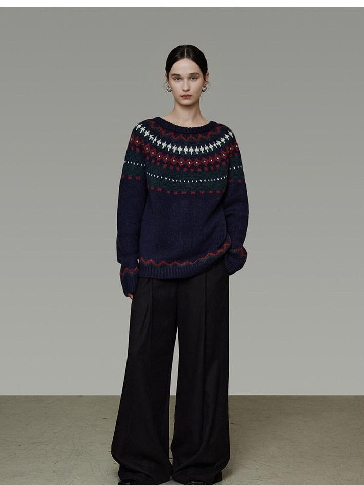 unspoken Warm Jacquard Colorblock Loose Commuter Crewneck Women Acrylic Blend Sweaters
