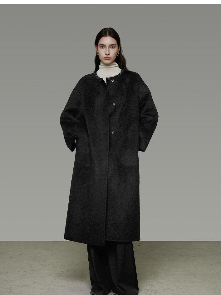 unspoken Heavyweight Lambswool Blend Minimal Commuter Loose Longline Black Wool Coats