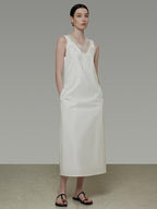 unspoken Soft 100 Percent Cotton Crochet V-neck Sleeveless Office White Maxi Dresses