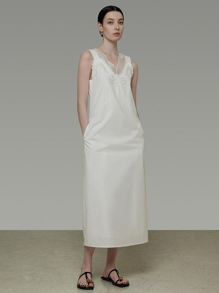 unspoken Soft 100 Percent Cotton Crochet V-neck Sleeveless Office White Maxi Dresses