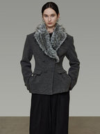 unspoken Wool Blend Double Breasted Slim Lapel Tailored Minimal Workwear Gray Short Coat