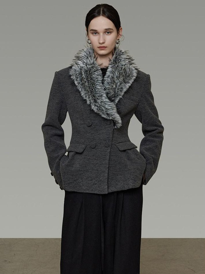 unspoken Wool Blend Double Breasted Slim Lapel Tailored Minimal Workwear Gray Short Coat