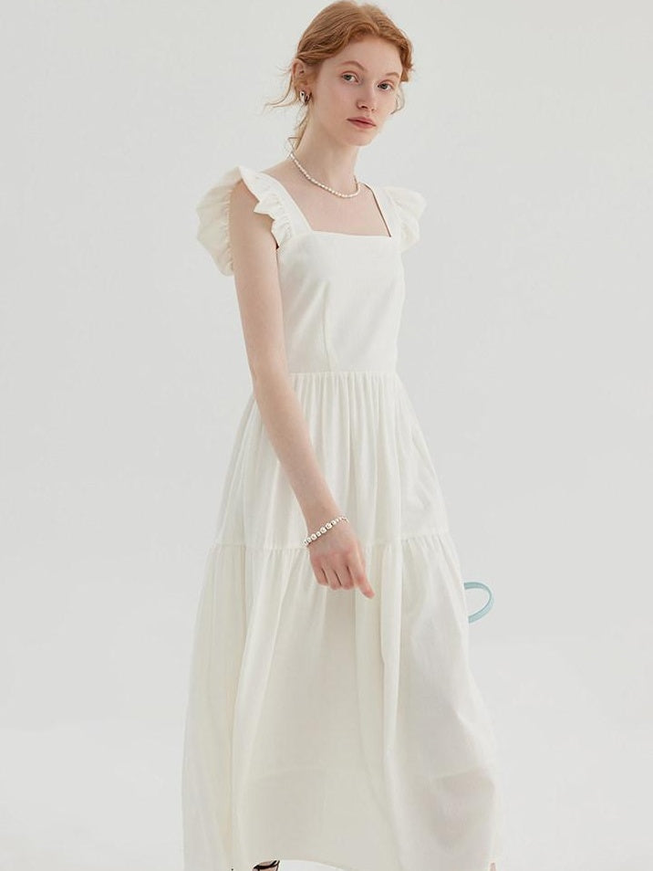 fano High Waist Ruffle A Line Square Neck Office Casual Maxi Dresses