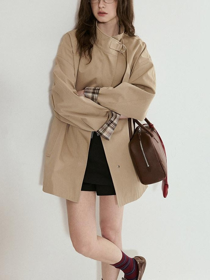 fano Khaki Loose Fit Single Breasted Mid Length Korean Casual Women Trench Coats