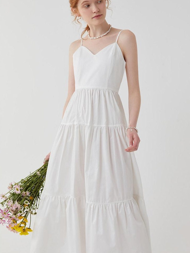 fano High Waist Pleated Minimalist V-neck Sleeveless A Line Cotton Casual Maxi Dresses