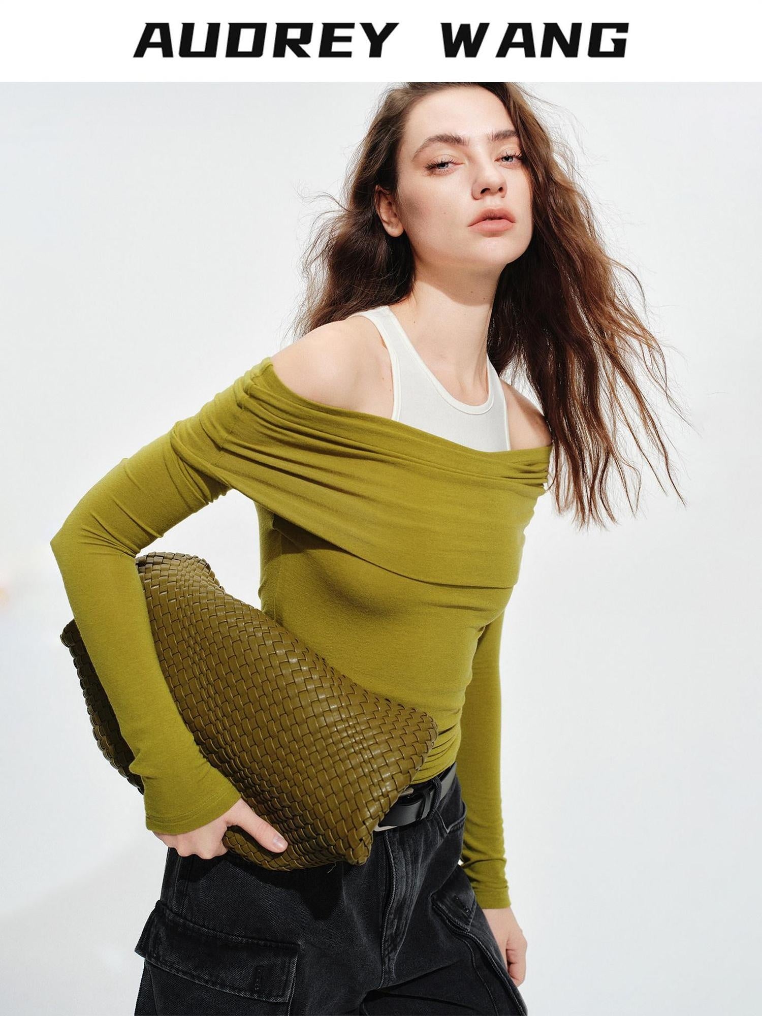 audreyyang Wool Blend Slim Fit Mock Neck Women Casual Stretch Long Sleeve T-Shirts