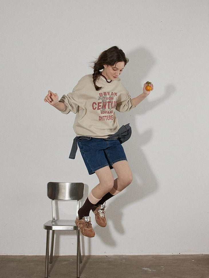 Lofi choose Oversized Letter Print Crewneck Pullover Commuter Style Women Oatmeal Sweatshirt