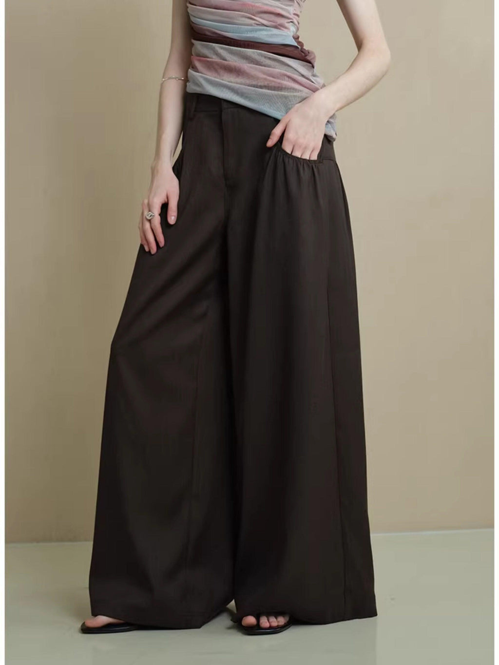someonesometimes Comfort Minimalist Elastic Natural Waist Office Dark Brown Wide Leg Pants