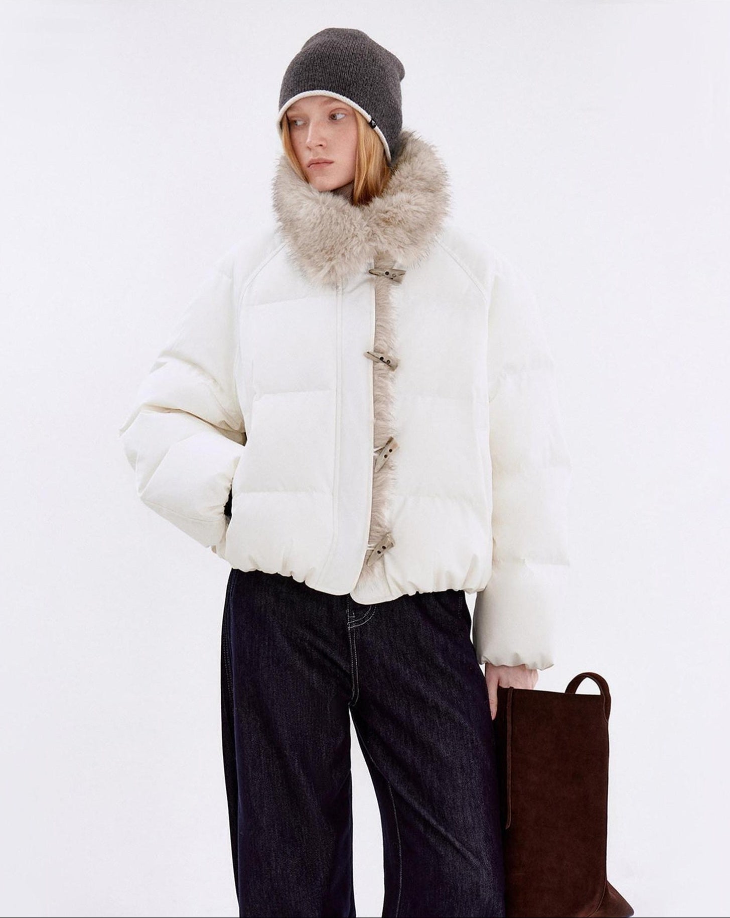 fano Warm 90% White Duck Down Casual Loose High Waist Lapel Collar Women Down Jackets