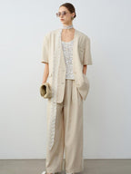 audreyyang Elegant Lace Natural Waist Office Loose Womens White Linen Blend Wide Leg Pants