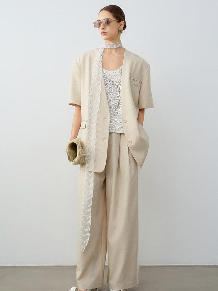 audreyyang Elegant Lace Natural Waist Office Loose Womens White Linen Blend Wide Leg Pants