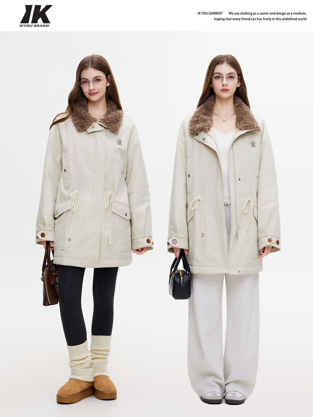 ikyou Insulated Cotton Pocketed Midlength Korean Commuter Light Khaki Down Jackets