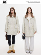 ikyou Insulated Cotton Pocketed Midlength Korean Commuter Light Khaki Down Jackets