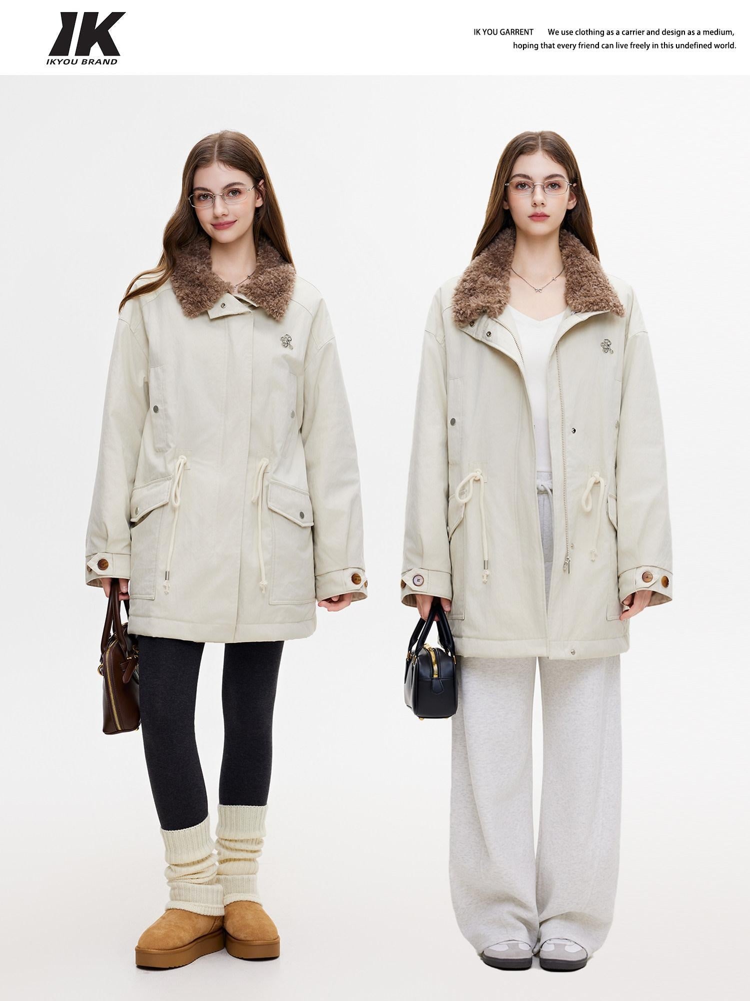 ikyou Insulated Cotton Pocketed Midlength Korean Commuter Light Khaki Down Jackets