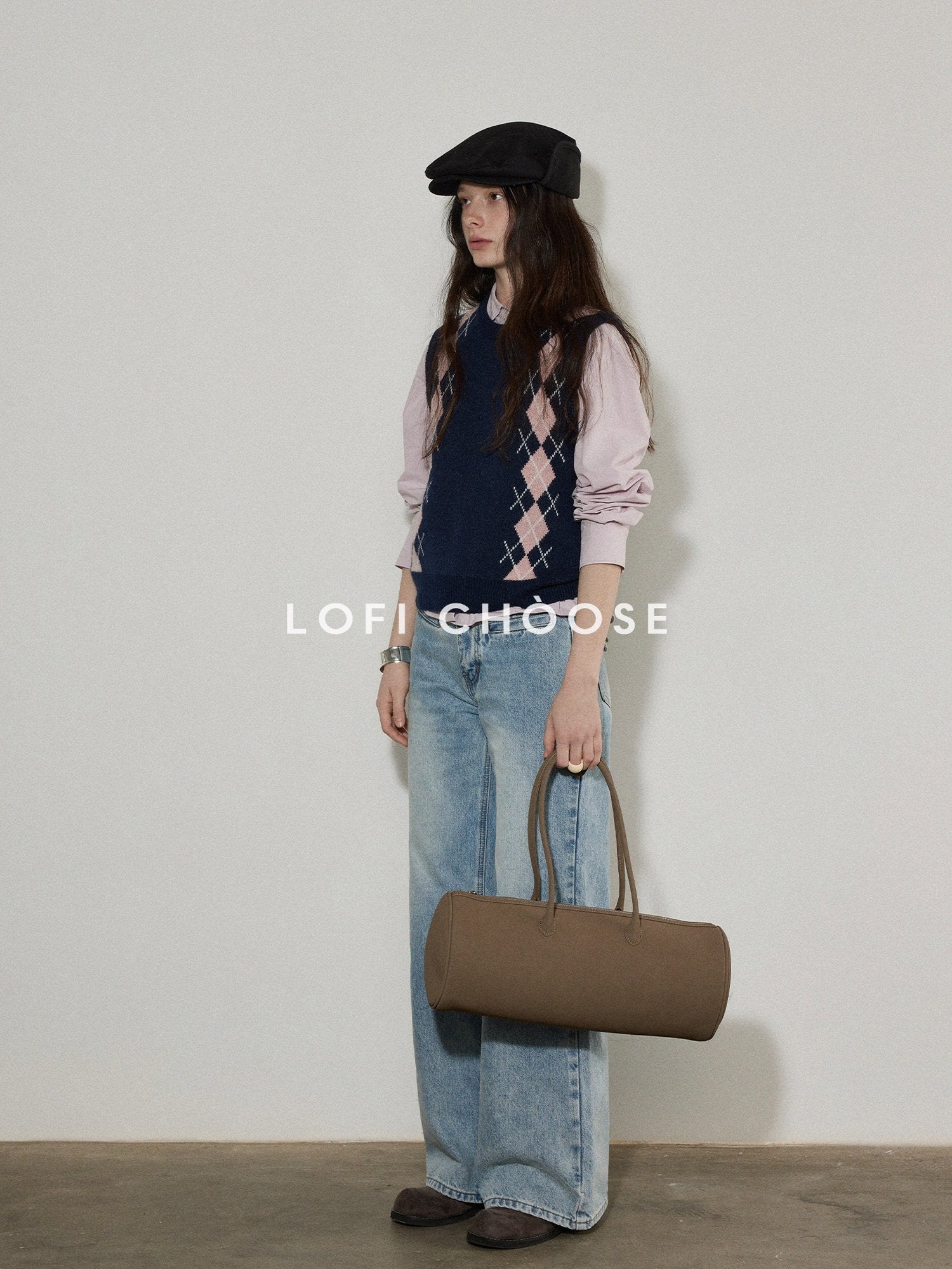 Lofi choose Cozy Colorblock Argyle Loose Fit Commuter Round Neck Women Navy Sweaters