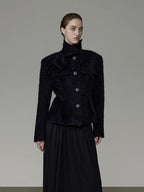 unspoken Slimming French Slim Fit Waist Cinch Stand Collar Black Nylon Women Short Coat