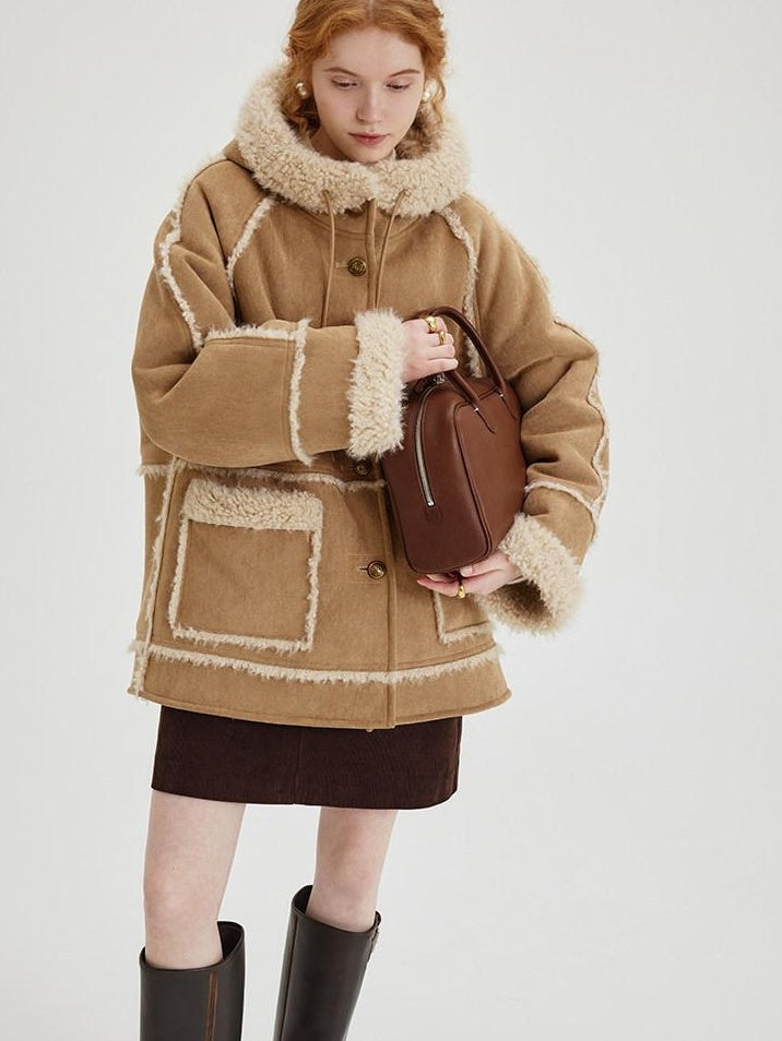fano Warm Wool Blend Hooded Loose Patchwork Womens Commuter Long Coats