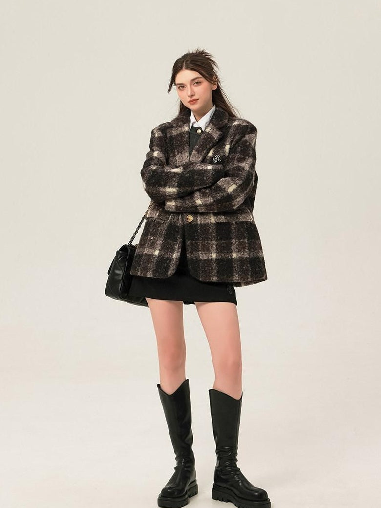 ikyou Minimalist Commuter Straight Fit Blazer Lapel Striped Flocked Office Wool Coats