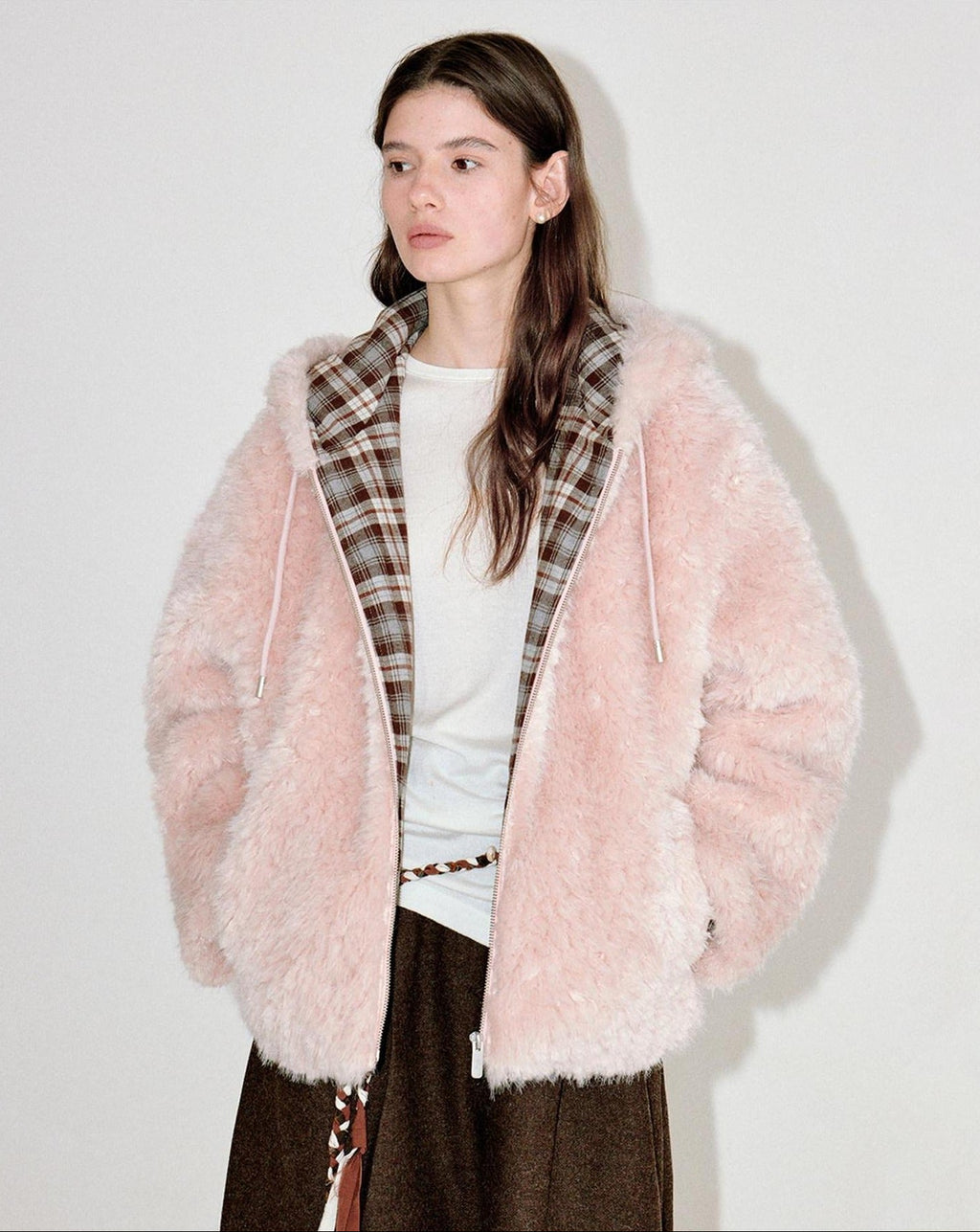 fano Cozy Lotus Pink Plaid Zip Closure Relaxed Loose Fit Womens Outerwear Long Coats