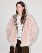 fano Cozy Lotus Pink Plaid Zip Closure Relaxed Loose Fit Womens Outerwear Long Coats