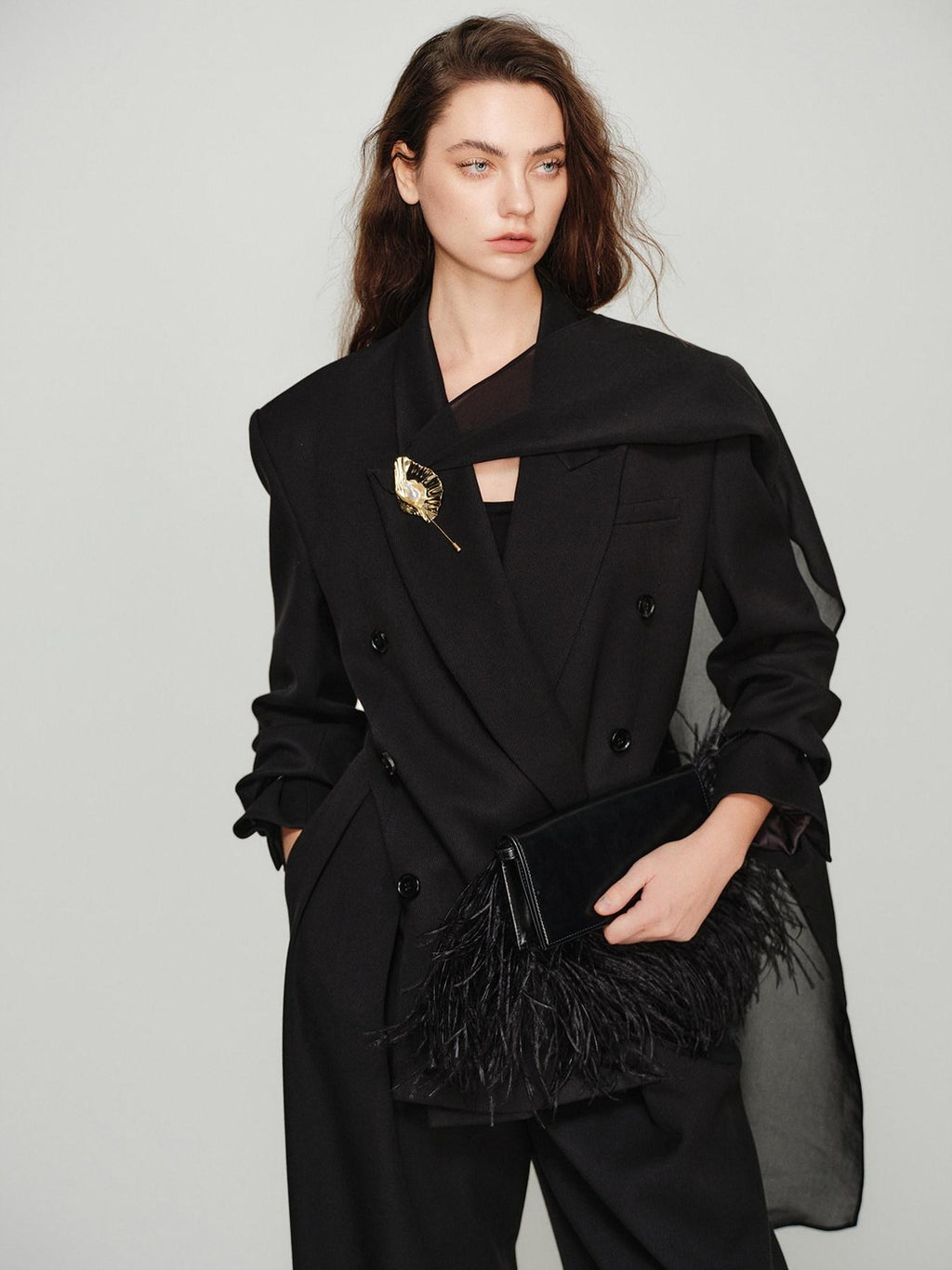 audreyyang Elegant Loose Fit Sash Double Breasted Notch Lapel Black Polyester Blazers