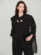 audreyyang Elegant Loose Fit Sash Double Breasted Notch Lapel Black Polyester Blazers