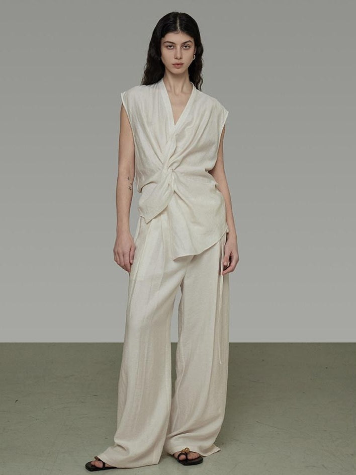 unspoken Breathable Linen Blend Sleeveless V-neck Tie Front Loose Fit Work White Blouses