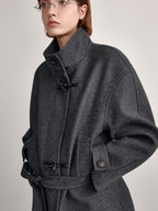 fano Minimal Commuter Straight Midlength Stand Collar Pocket Toggle Women Short Coat